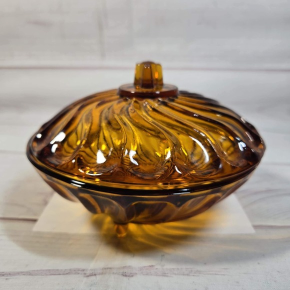 Swirl Pattern Footed Bowl Vintage Amber‎ Glass Candy Dish with Lid - Picture 1 of 10